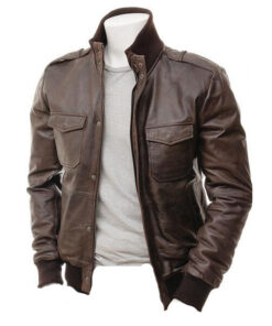 Men's Dark Brown Leather Jacket with Shoulder Patches