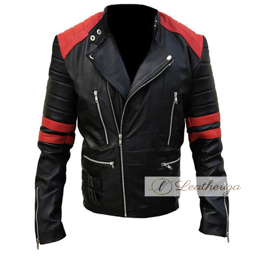Men's Black Biker Jacket with Red Strips - Leatheriza