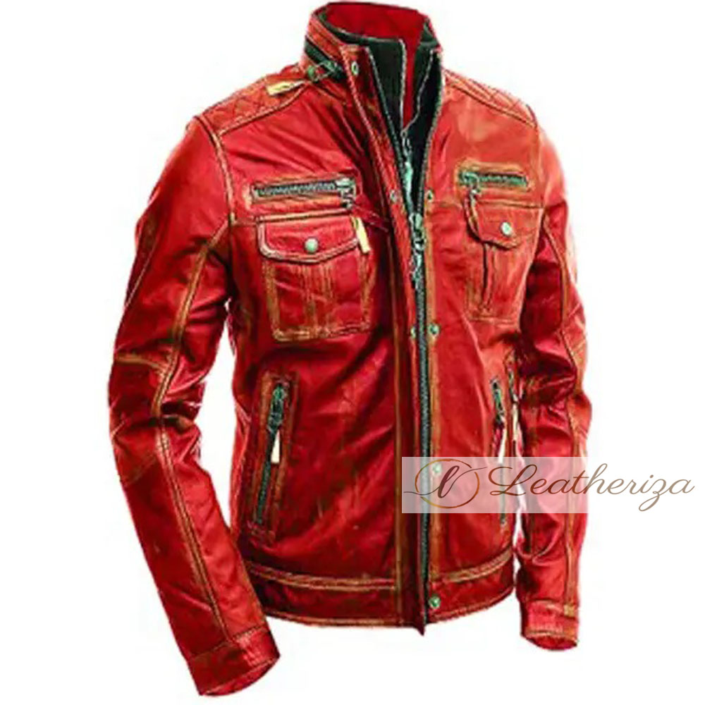 Men's Red Biker Distressed Leather Jacket - Leatheriza