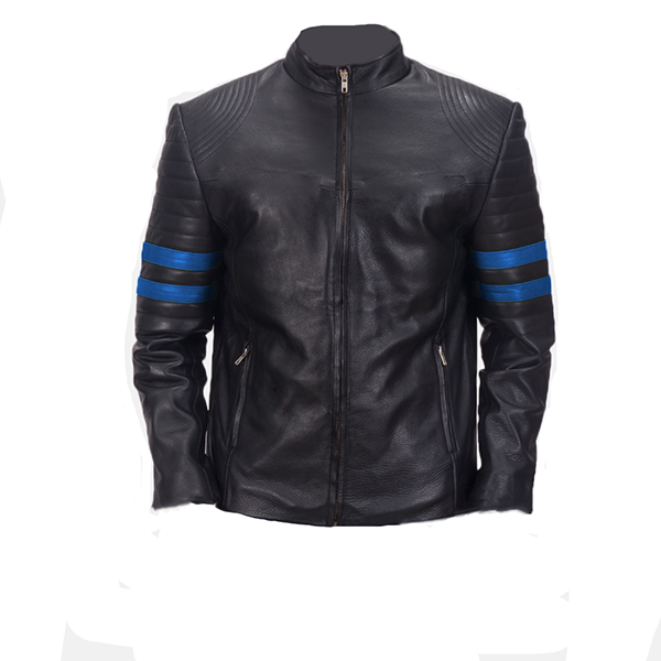Men's Black Vintage Leather Jacket with Blue Strips - Leatheriza
