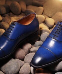 Handmade Men's Blue Oxford Style Real Leather Shoes