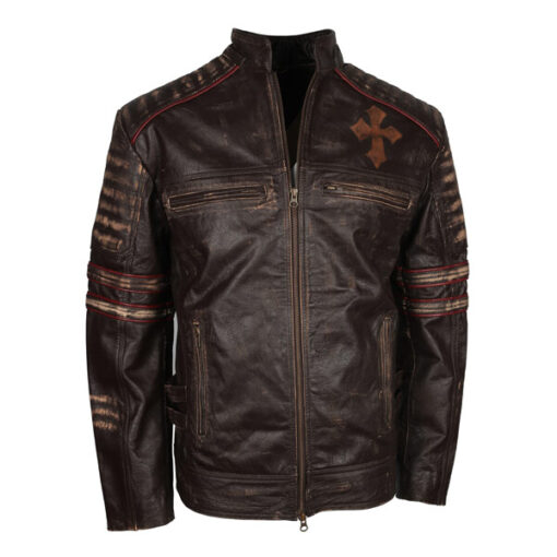 Men’s Brown Christ Embellished Designer Leather Jacket