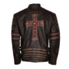 Men's Brown Christ Embellished Designer Leather Jacket - Image 2