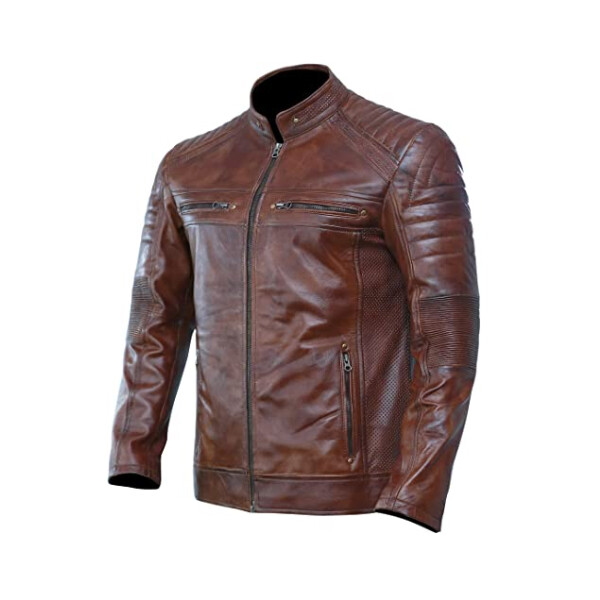 Men's Brown Zip Embellished Leather Jacket - Leatheriza