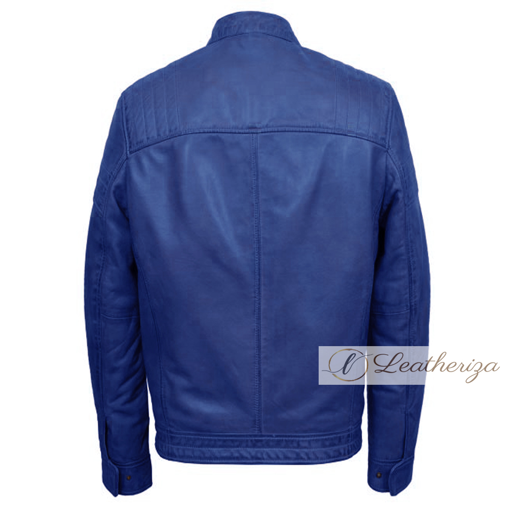 Buy Stylish Cobalt Blue Biker Men's Leather Jacket from leatheriza.com
