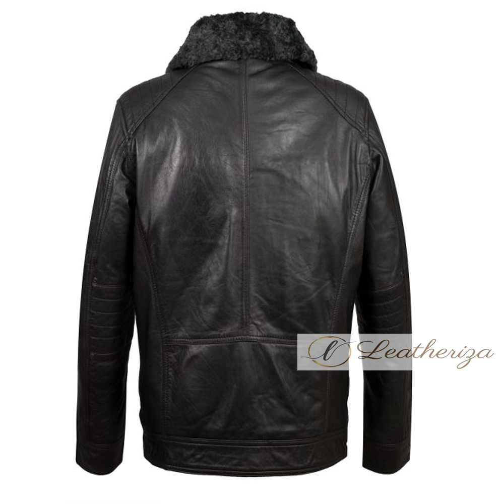 Buy Voguish Shearling Black Leather Jacket For Men | leatheriza.com