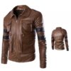 Men's Brown Designer Vintage Leather Jacket with Black Strips - Image 2