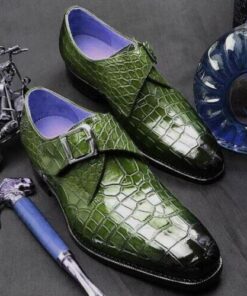 Handmade Men's Green Monk Strap Croc Design Real Leather Shoes