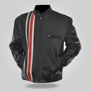 black leather jacket with red stripes