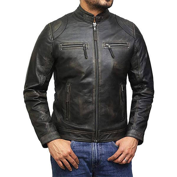 Men Plain Black Leather Jacket