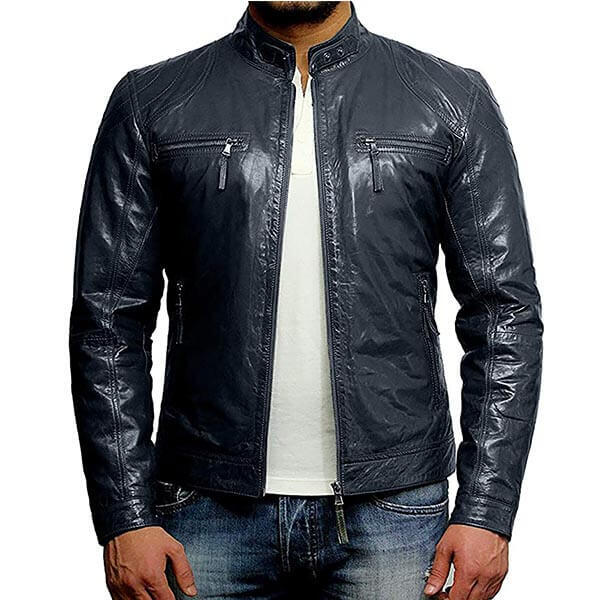 Men Plain Blue Leather Jacket