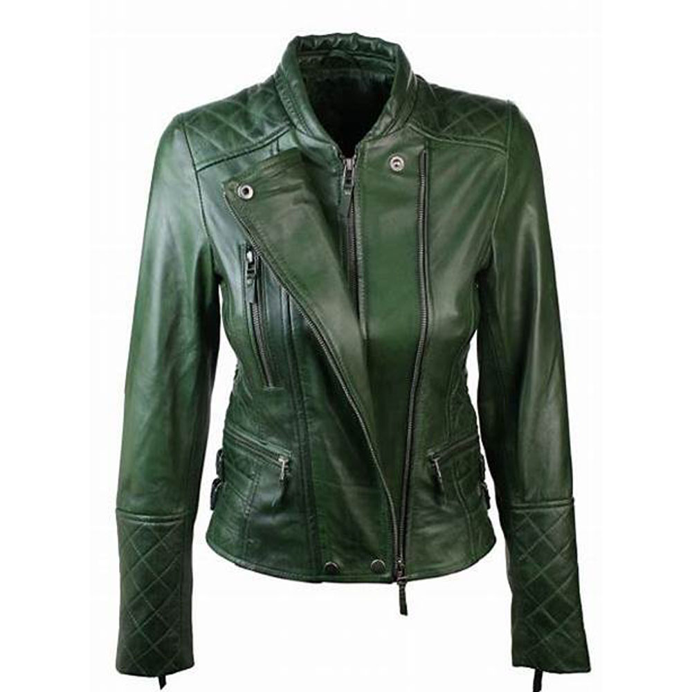 Buy Women's Green Leather Bomber Jacket With Arm Pocket Online