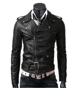 Men Black Belted Leather Jacket