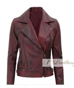 Dark Red Vintage Classis Coat Style Women's Leather Jacket