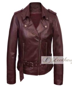 Stylish Rasin Burgundy Women's Racer Leather Jacket
