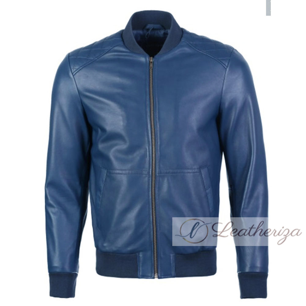 Buy Sapphire Blue Elegant Bomber Leather Jacket for Men Online in USA