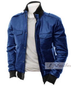 Berry Blue Modish Bomber Leather Jacket For Men