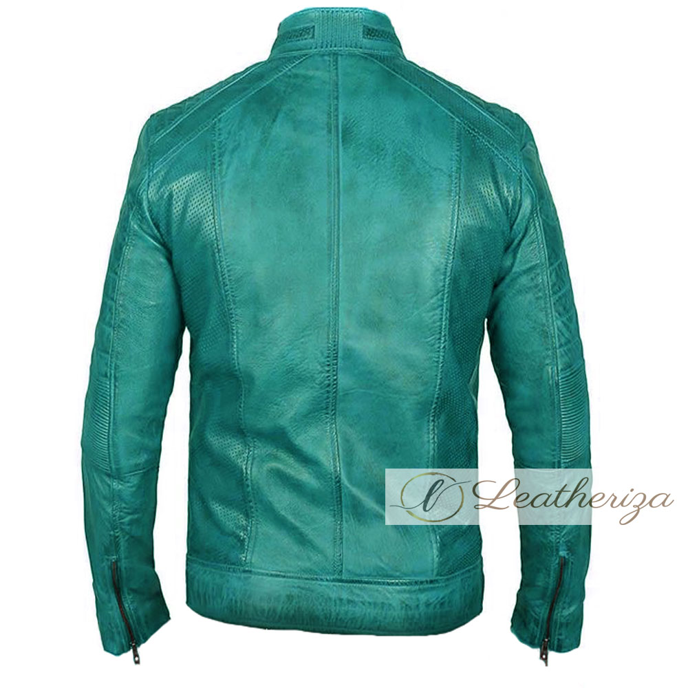 Ocean Blue Vintage Style Biker's Leather Jacket For Men