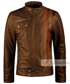 Walnut Brown Men's Leather Jacket with Strips