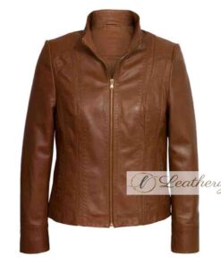 Elegant Biker Brown Leather Jacket For Women