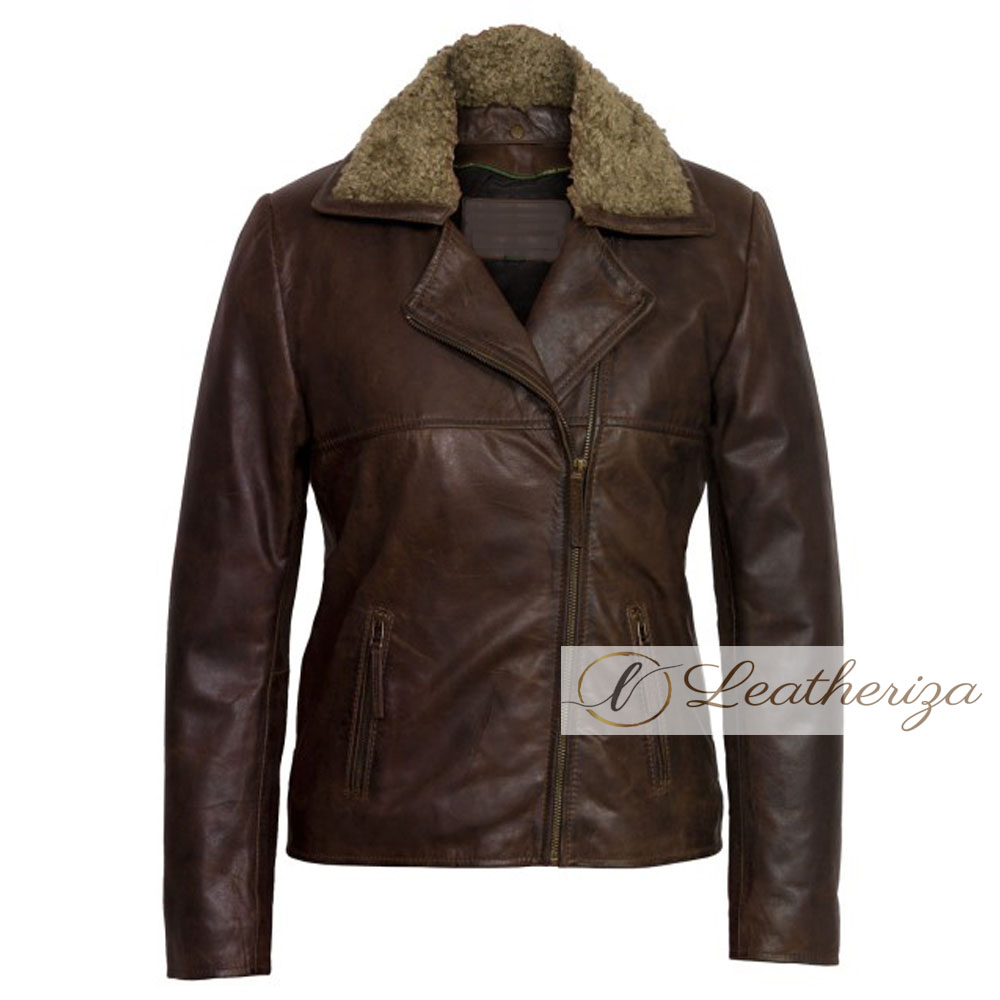 Voguish Brown Leather Jacket with Hoodie For Women | leatheriza.com