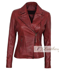 Dark Red Vintage Classic Red Leather Jacket For Women
