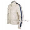Men's White Leather Jacket with Blue Strips - Image 3
