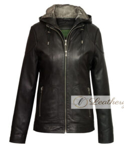 Nala Black Leather Coat For Women with Hoodie