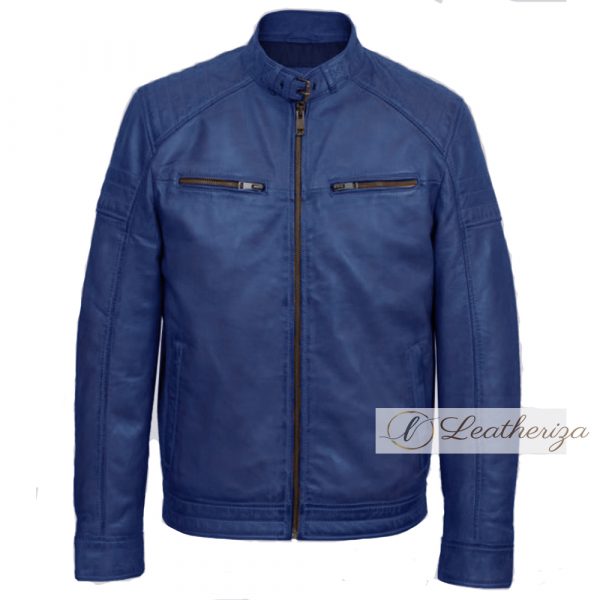 Stylish Cobalt Blue Biker Men's Leather Jacket