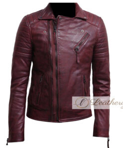 Zipper Biker Red Burgundy Leather Jacket For Men