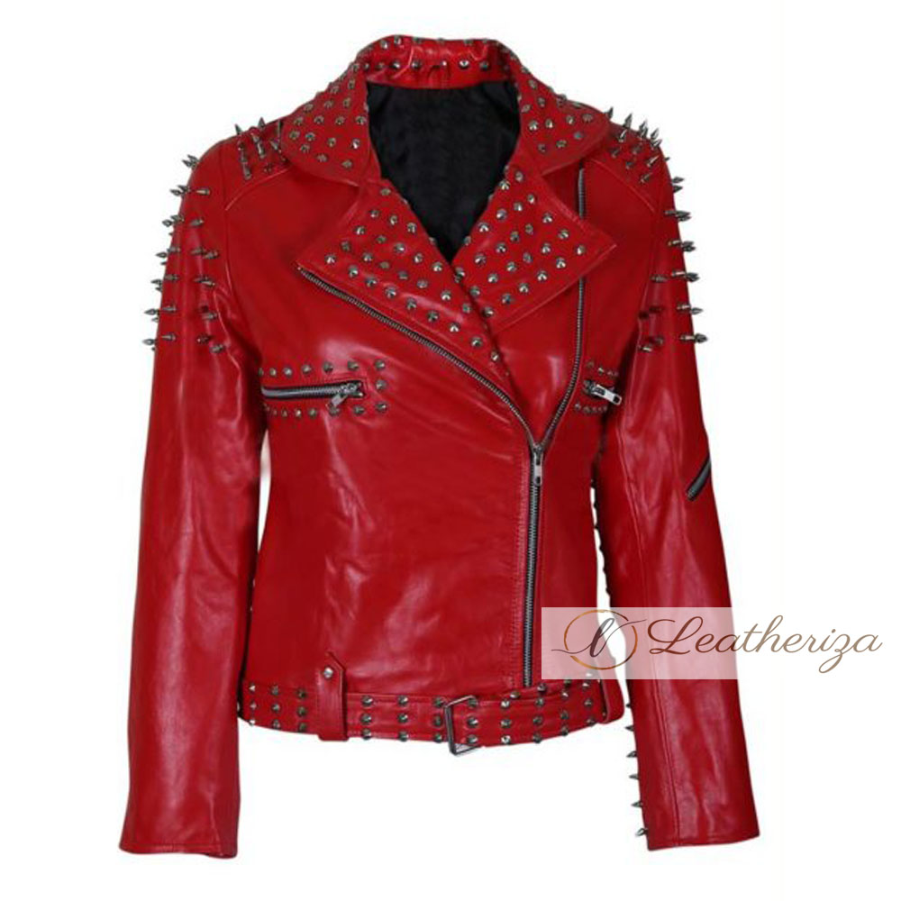 Red Leather Jacket For Women | Red Studded & Spikes Leather Jacket