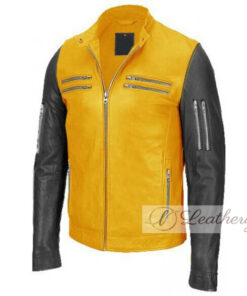 Yellow & Black Biker Leather Jacket For Men