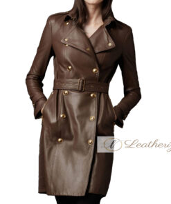 Trending Style Brown Leather Trench Coat For Women