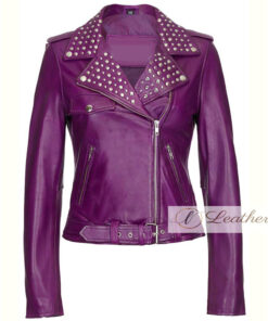 Purple Burgundy Studded Leather Jacket For Women