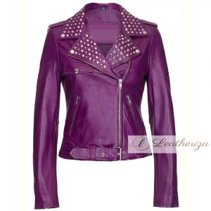Purple Burgundy Studded Leather Jacket For Women
