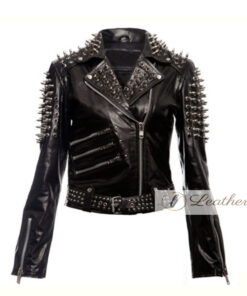 Soot Black Studded Biker Leather Jacket For Women