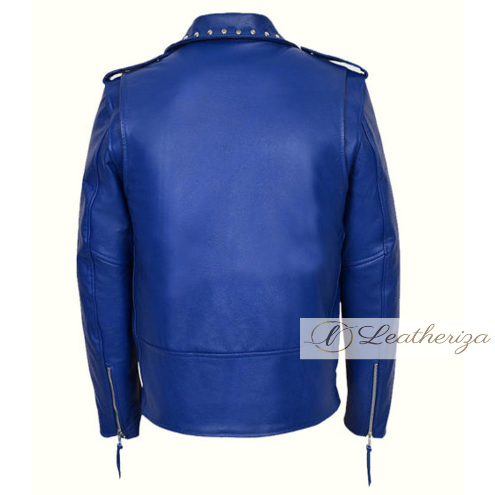 Buy Blue Studded Womens Leather Jacket from leatheriza.com