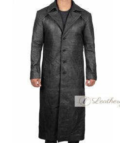 Elegant Long Black Leather Trench Coat For Men