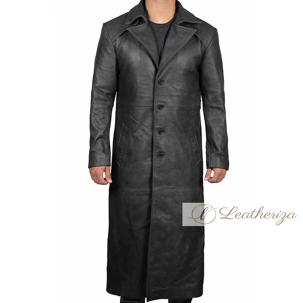 Buy Elegant Long Black Leather Trench Coat For Men from leatheriza.com