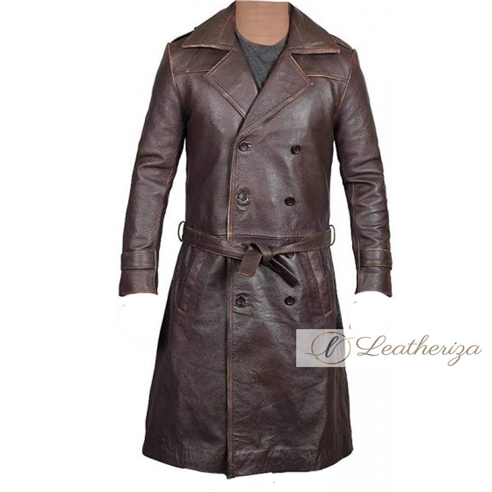 Buy Brunette Brown Leather Trench Coat for Men Online in USA