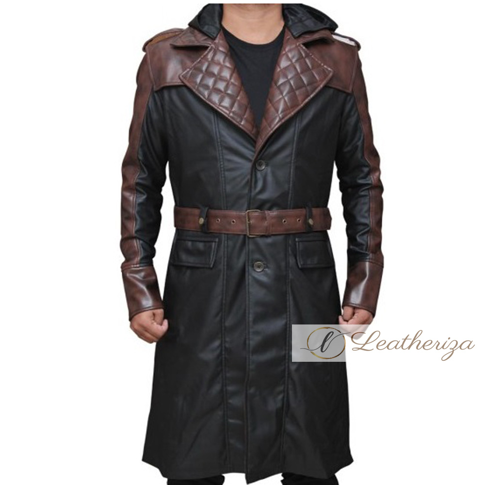 Black Leather Trench Coat for men with Brown by Leatheriza.com