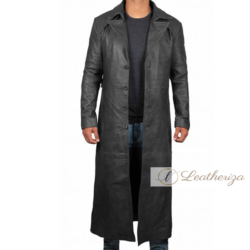 Buy Elegant Long Black Leather Trench Coat For Men from leatheriza.com