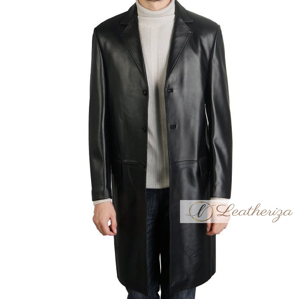 Buy Voguish Jet Black Leather Trench Coat For Men from leatheriza.com