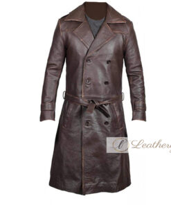 Brunette Brown Leather Trench Coat for Men