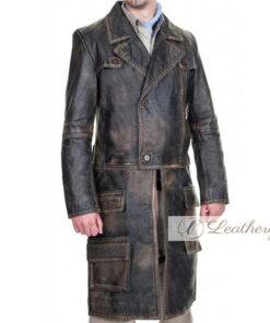Classical Vintage Brown Leather Trench Coat for Men