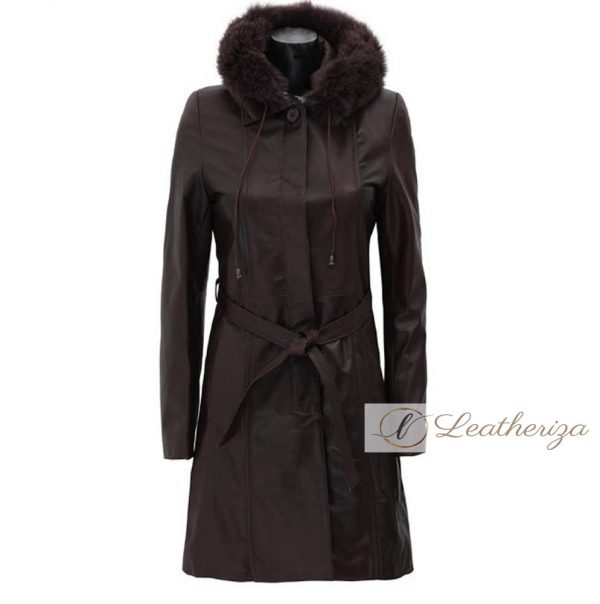 Ebony Black Leather Trench Coat For Women With Shearling Hoodie