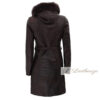 Ebony Black Leather Trench Coat For Women With Shearling Hoodie - Image 2