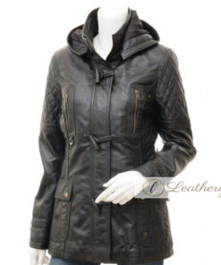 3/4 Midnight Black Leather Coat For Women with Hoodie