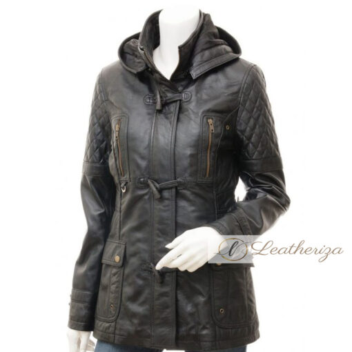 3/4 Midnight Black Leather Coat For Women with Hoodie