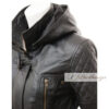 3/4 Midnight Black Leather Coat For Women with Hoodie - Image 3
